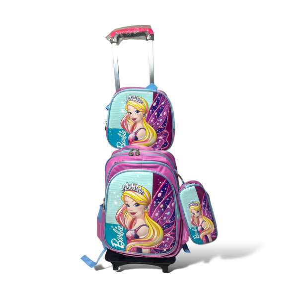 17 Inch 3D Barbie 3 Piece Set School Bag with Trolly for Grade 1 Till Grade 5 Girls