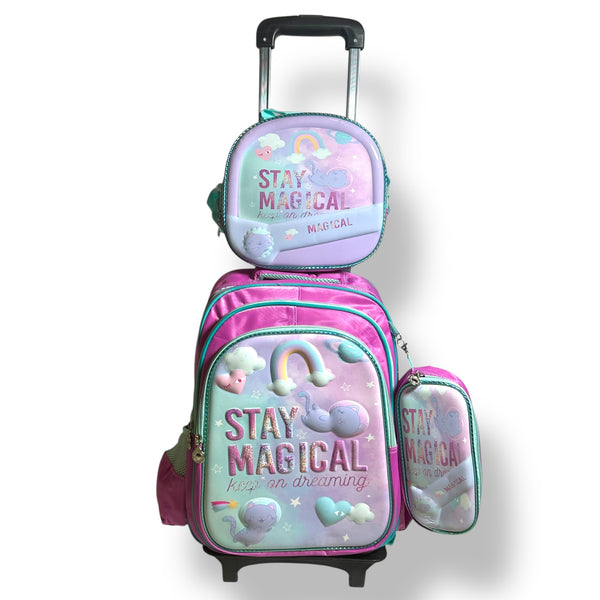 17 Inch 3D Stay Magical 3 Piece Set School Bag with Trolly for Grade 1 Till Grade 3 Girls