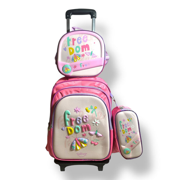 17 Inch 3D Butterfly 3 Piece Set School Bag with Trolly for Grade 1 Till Grade 3 Girls